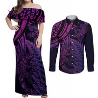 New Zealand Lizard Couples Matching Off Shoulder Maxi Dress and Long Sleeve Button Shirt Silver Fern Aotearoa Maori Purple Version