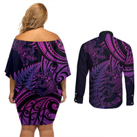 New Zealand Lizard Couples Matching Off Shoulder Short Dress and Long Sleeve Button Shirt Silver Fern Aotearoa Maori Purple Version LT14 - Polynesian Pride