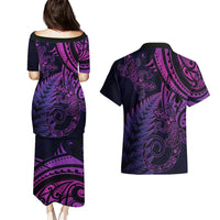 New Zealand Lizard Couples Matching Puletasi and Hawaiian Shirt Silver Fern Aotearoa Maori Purple Version LT14 - Polynesian Pride