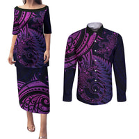 New Zealand Lizard Couples Matching Puletasi and Long Sleeve Button Shirt Silver Fern Aotearoa Maori Purple Version LT14 Purple - Polynesian Pride