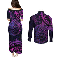 New Zealand Lizard Couples Matching Puletasi and Long Sleeve Button Shirt Silver Fern Aotearoa Maori Purple Version LT14 - Polynesian Pride