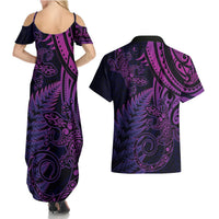 New Zealand Lizard Couples Matching Summer Maxi Dress and Hawaiian Shirt Silver Fern Aotearoa Maori Purple Version LT14 - Polynesian Pride