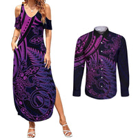 New Zealand Lizard Couples Matching Summer Maxi Dress and Long Sleeve Button Shirt Silver Fern Aotearoa Maori Purple Version LT14 Purple - Polynesian Pride