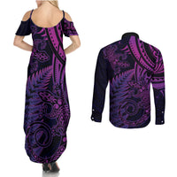 New Zealand Lizard Couples Matching Summer Maxi Dress and Long Sleeve Button Shirt Silver Fern Aotearoa Maori Purple Version LT14 - Polynesian Pride