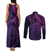 New Zealand Lizard Couples Matching Tank Maxi Dress and Long Sleeve Button Shirt Silver Fern Aotearoa Maori Purple Version