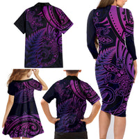 New Zealand Lizard Family Matching Long Sleeve Bodycon Dress and Hawaiian Shirt Silver Fern Aotearoa Maori Purple Version