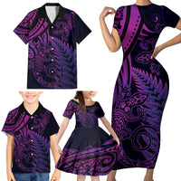 New Zealand Lizard Family Matching Short Sleeve Bodycon Dress and Hawaiian Shirt Silver Fern Aotearoa Maori Purple Version