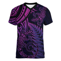 New Zealand Lizard Women V Neck T Shirt Silver Fern Aotearoa Maori Purple Version