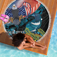 Personalised United States And New Zealand Beach Blanket USA Eagle With Kowhai Aotearoa Tui Bird