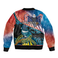 Personalised United States And New Zealand Bomber Jacket USA Eagle With Kowhai Aotearoa Tui Bird LT14 - Polynesian Pride