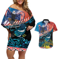 Personalised United States And New Zealand Couples Matching Off Shoulder Short Dress and Hawaiian Shirt USA Eagle With Kowhai Aotearoa Tui Bird LT14 Blue - Polynesian Pride