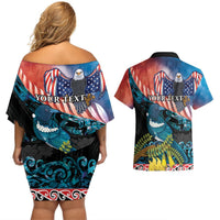 Personalised United States And New Zealand Couples Matching Off Shoulder Short Dress and Hawaiian Shirt USA Eagle With Kowhai Aotearoa Tui Bird LT14 - Polynesian Pride