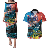 Personalised United States And New Zealand Couples Matching Puletasi and Hawaiian Shirt USA Eagle With Kowhai Aotearoa Tui Bird LT14 Blue - Polynesian Pride