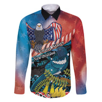 Personalised United States And New Zealand Family Matching Puletasi and Hawaiian Shirt USA Eagle With Kowhai Aotearoa Tui Bird LT14 Dad's Shirt - Long Sleeve Blue - Polynesian Pride