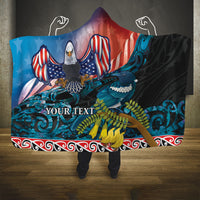 Personalised United States And New Zealand Hooded Blanket USA Eagle With Kowhai Aotearoa Tui Bird LT14 One Size Blue - Polynesian Pride