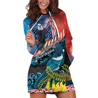 Personalised United States And New Zealand Hoodie Dress USA Eagle With Kowhai Aotearoa Tui Bird LT14 Blue - Polynesian Pride