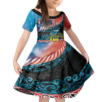 Personalised United States And New Zealand Kid Short Sleeve Dress USA Eagle With Kowhai Aotearoa Tui Bird LT14 KID Blue - Polynesian Pride