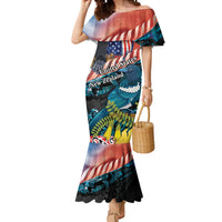 Personalised United States And New Zealand Mermaid Dress USA Eagle With Kowhai Aotearoa Tui Bird LT14 Women Blue - Polynesian Pride