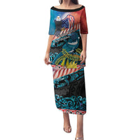 Personalised United States And New Zealand Puletasi USA Eagle With Kowhai Aotearoa Tui Bird LT14 Long Dress Blue - Polynesian Pride