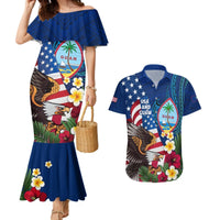 Personalised United States And Guam Couples Matching Mermaid Dress and Hawaiian Shirt USA Eagle With Guahan Seal Tropical Vibes LT14 Blue - Polynesian Pride