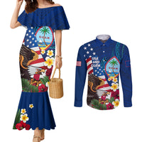 Personalised United States And Guam Couples Matching Mermaid Dress and Long Sleeve Button Shirt USA Eagle With Guahan Seal Tropical Vibes LT14 Blue - Polynesian Pride