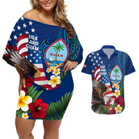 Personalised United States And Guam Couples Matching Off Shoulder Short Dress and Hawaiian Shirt USA Eagle With Guahan Seal Tropical Vibes LT14 Blue - Polynesian Pride