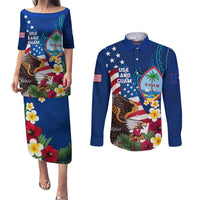 Personalised United States And Guam Couples Matching Puletasi and Long Sleeve Button Shirt USA Eagle With Guahan Seal Tropical Vibes LT14 Blue - Polynesian Pride