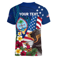 Personalised United States And Guam Women V Neck T Shirt USA Eagle With Guahan Seal Tropical Vibes