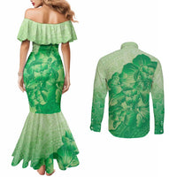 Aloha Hawaii Molokai Island Couples Matching Mermaid Dress and Long Sleeve Button Shirt Hibiscus Tribal Honu Hawaiian Tattoo Green
