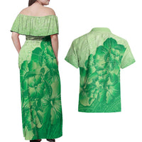 Aloha Hawaii Molokai Island Couples Matching Off Shoulder Maxi Dress and Hawaiian Shirt Hibiscus Tribal Honu Hawaiian Tattoo Green