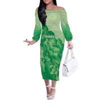 Aloha Hawaii Molokai Island Family Matching Off The Shoulder Long Sleeve Dress and Hawaiian Shirt Hibiscus Tribal Honu Hawaiian Tattoo Green