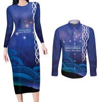 Personalised Matariki New Zealand Couples Matching Long Sleeve Bodycon Dress and Long Sleeve Button Shirt Maori New Year Galaxy Koru Pattern