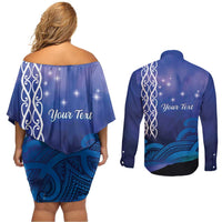 Personalised Matariki New Zealand Couples Matching Off Shoulder Short Dress and Long Sleeve Button Shirt Maori New Year Galaxy Koru Pattern