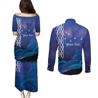 Personalised Matariki New Zealand Couples Matching Puletasi and Long Sleeve Button Shirt Maori New Year Galaxy Koru Pattern