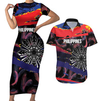 Philippines Sun Tattoo Couples Matching Short Sleeve Bodycon Dress and Hawaiian Shirt Feathers Filipinas Grunge Style Black