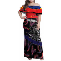 Philippines Sun Tattoo Family Matching Off Shoulder Maxi Dress and Hawaiian Shirt Feathers Filipinas Grunge Style Black LT14 Mom's Dress Black - Polynesian Pride