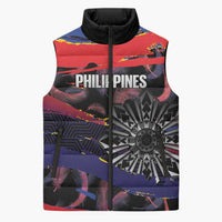 Philippines Sun Tattoo Sleeveless Puffer Jacket Feathers Filipinas Grunge Style Black