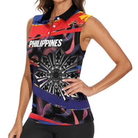 Philippines Sun Tattoo Women Sleeveless Polo Shirt Feathers Filipinas Grunge Style Black