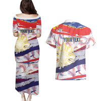 Philippines Sun Tattoo Couples Matching Puletasi and Hawaiian Shirt Feathers Filipinas Grunge Style White