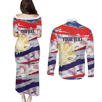 Philippines Sun Tattoo Couples Matching Puletasi and Long Sleeve Button Shirt Feathers Filipinas Grunge Style White