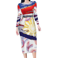 Philippines Sun Tattoo Family Matching Long Sleeve Bodycon Dress and Hawaiian Shirt Feathers Filipinas Grunge Style White LT14 Mom's Dress White - Polynesian Pride