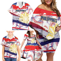 Philippines Sun Tattoo Family Matching Off Shoulder Short Dress and Hawaiian Shirt Feathers Filipinas Grunge Style White LT14 - Polynesian Pride
