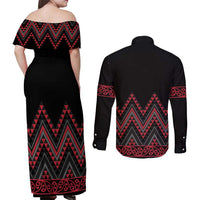 Red Aotearoa Mangopare Kowhaiwhai and Niho Taniwha Couples Matching Off Shoulder Maxi Dress and Long Sleeve Button Shirt Maori New Zealand