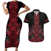 Red Aotearoa Mangopare Kowhaiwhai and Niho Taniwha Couples Matching Short Sleeve Bodycon Dress and Hawaiian Shirt Maori New Zealand LT14 Red - Polynesian Pride