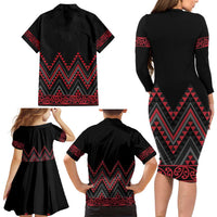 Red Aotearoa Mangopare Kowhaiwhai and Niho Taniwha Family Matching Long Sleeve Bodycon Dress and Hawaiian Shirt Maori New Zealand LT14 - Polynesian Pride