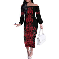 Red Aotearoa Mangopare Kowhaiwhai and Niho Taniwha Family Matching Off The Shoulder Long Sleeve Dress and Hawaiian Shirt Maori New Zealand LT14 Mom's Dress Red - Polynesian Pride