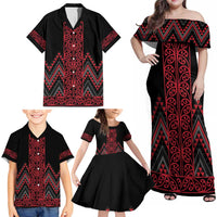 Red Aotearoa Mangopare Kowhaiwhai and Niho Taniwha Family Matching Off Shoulder Maxi Dress and Hawaiian Shirt Maori New Zealand