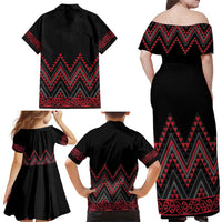 Red Aotearoa Mangopare Kowhaiwhai and Niho Taniwha Family Matching Off Shoulder Maxi Dress and Hawaiian Shirt Maori New Zealand