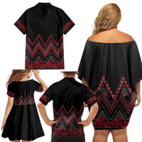 Red Aotearoa Mangopare Kowhaiwhai and Niho Taniwha Family Matching Off Shoulder Short Dress and Hawaiian Shirt Maori New Zealand