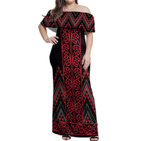 Red Aotearoa Mangopare Kowhaiwhai and Niho Taniwha Off Shoulder Maxi Dress Maori New Zealand LT14 Women Red - Polynesian Pride